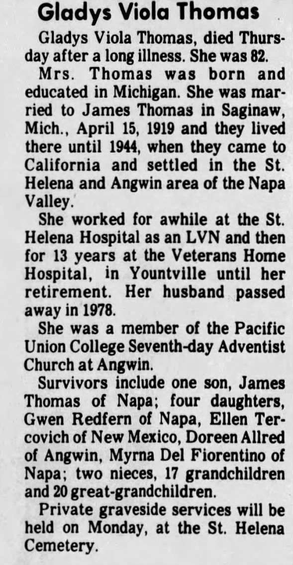 Obituary for Gladys Viola Thomas (Aged 82)
